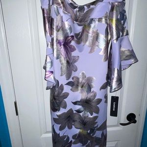 NEW WT Bebe Purple Floral Flare Sleeve Off On Shoulder Sheath Dress Size 14 Sexy